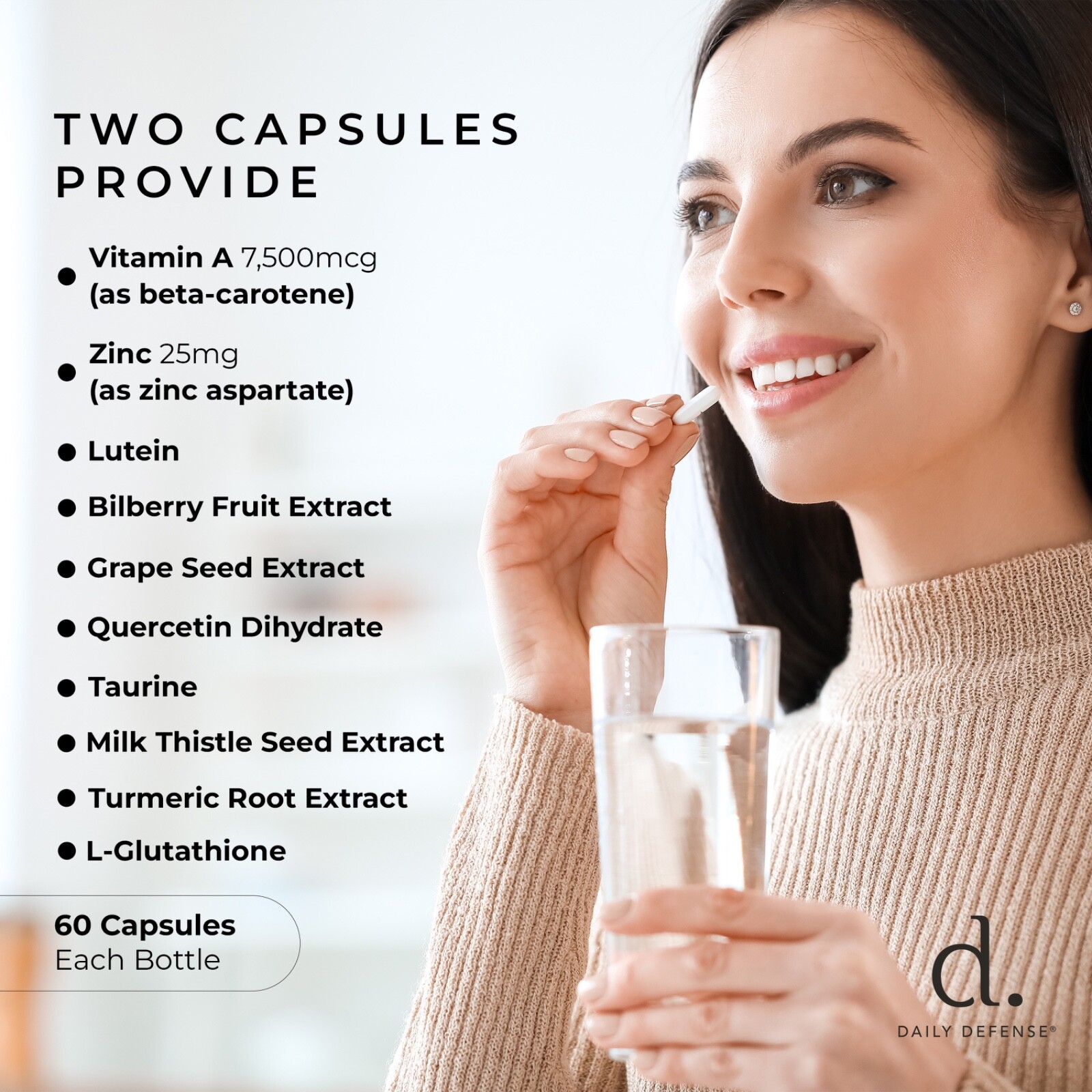 Daily Defense Eye Health Supplement Vision Support w/ Lutein Vitamin A Zinc