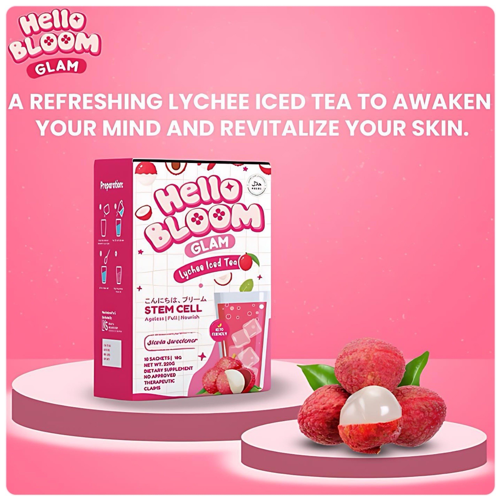 Hello Bloom GLAM Lychee Iced Tea Stem Cell Powder Drinks (10 Sachets)