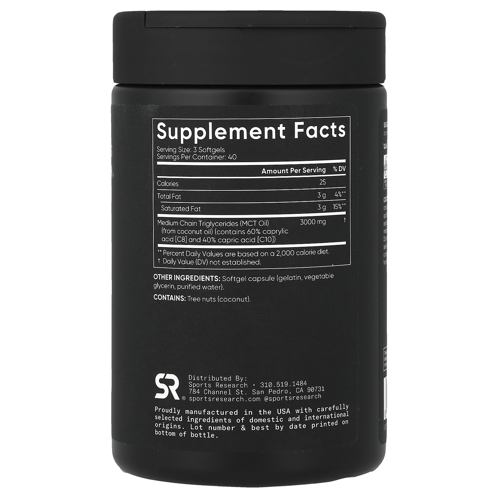 Sports Research MCT Oil 1000 mg 120 Softgels Dairy-Free, Egg-Free, Fish Free,
