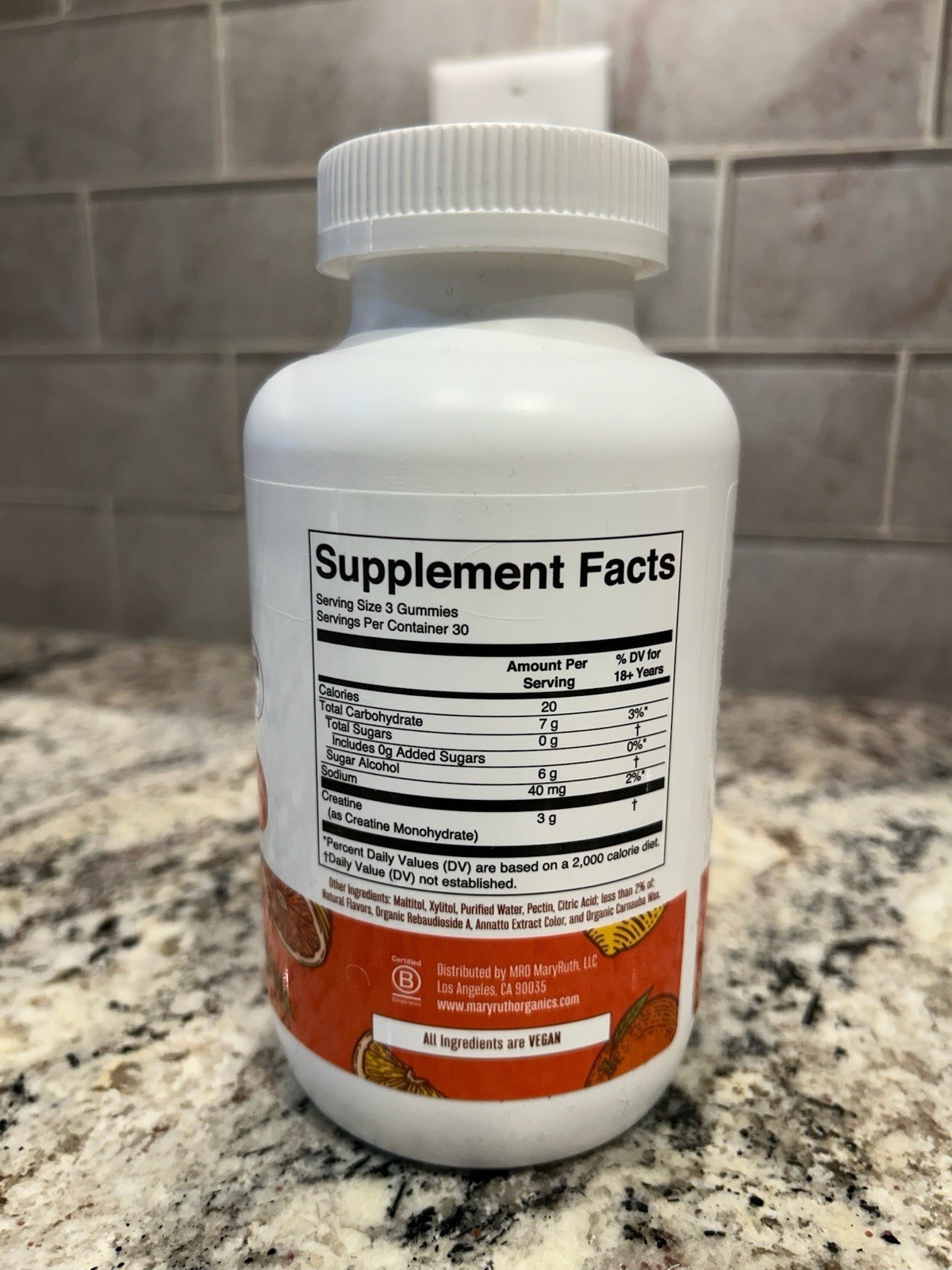 MaryRuth’s Creatine Gummies Tangerine Citrus Vegan Gluten Free Sugar Free 90