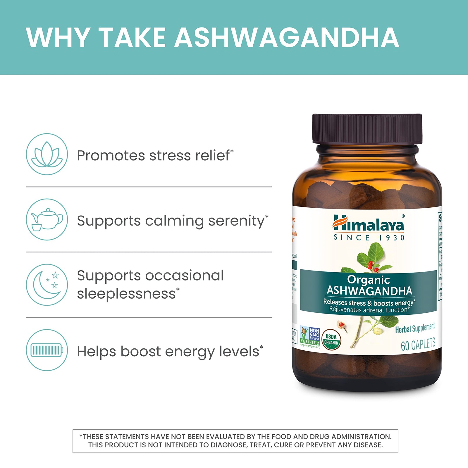 Himalaya Organic Ashwagandha Root, 60 Day 60 Count (Pack of 1), Color.value