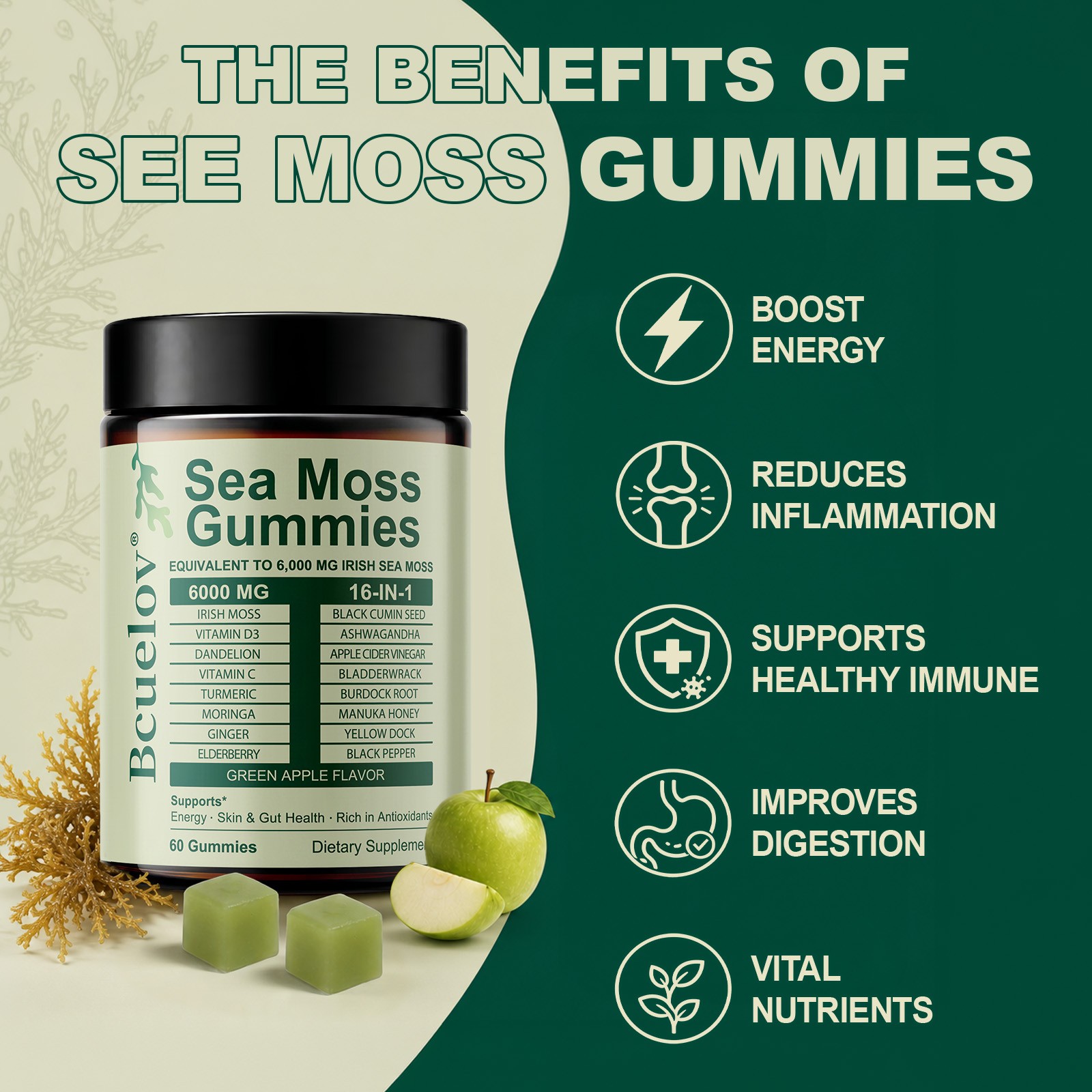 6000mg Irish Sea Moss Gummies 16-in-1 Formula for Digestion Skin&Immunity 60 Pcs