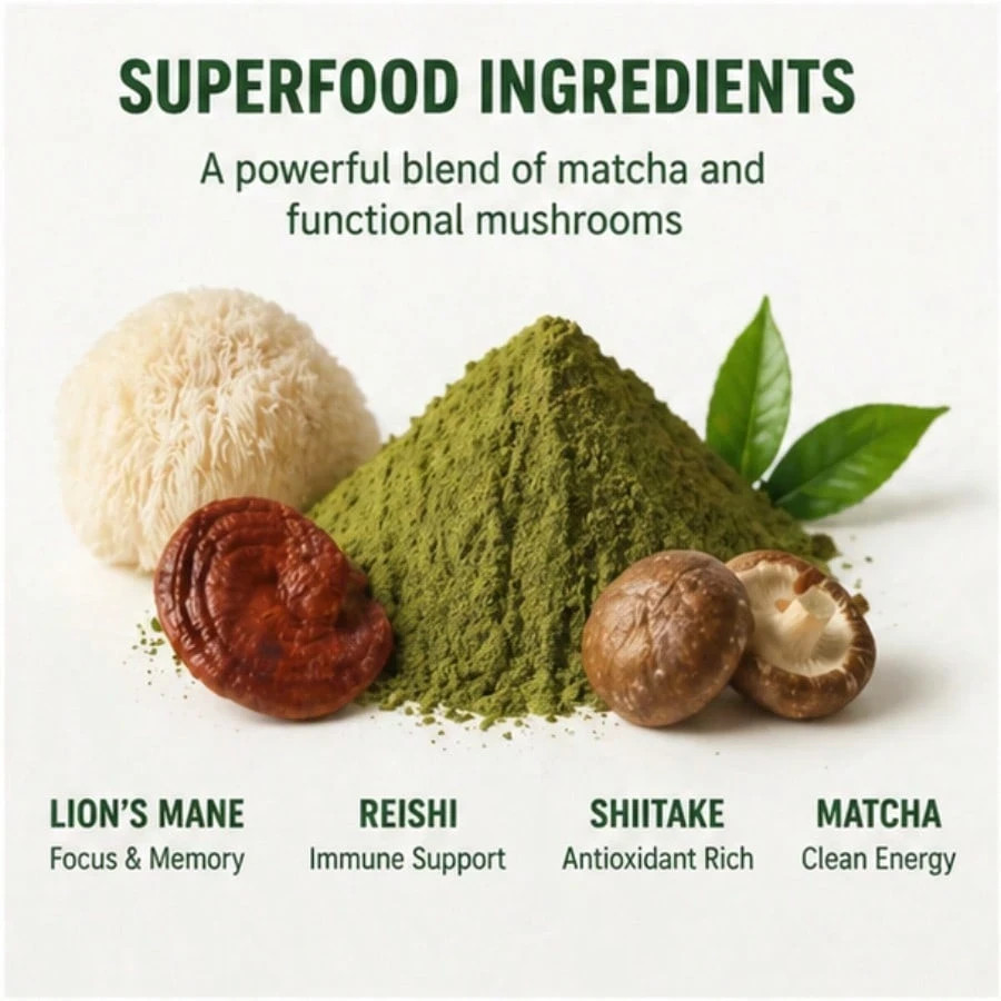 Organic Ryze Mushroom Matcha Powder 6 Mushroom Blend Focus Immunity 30 Servings