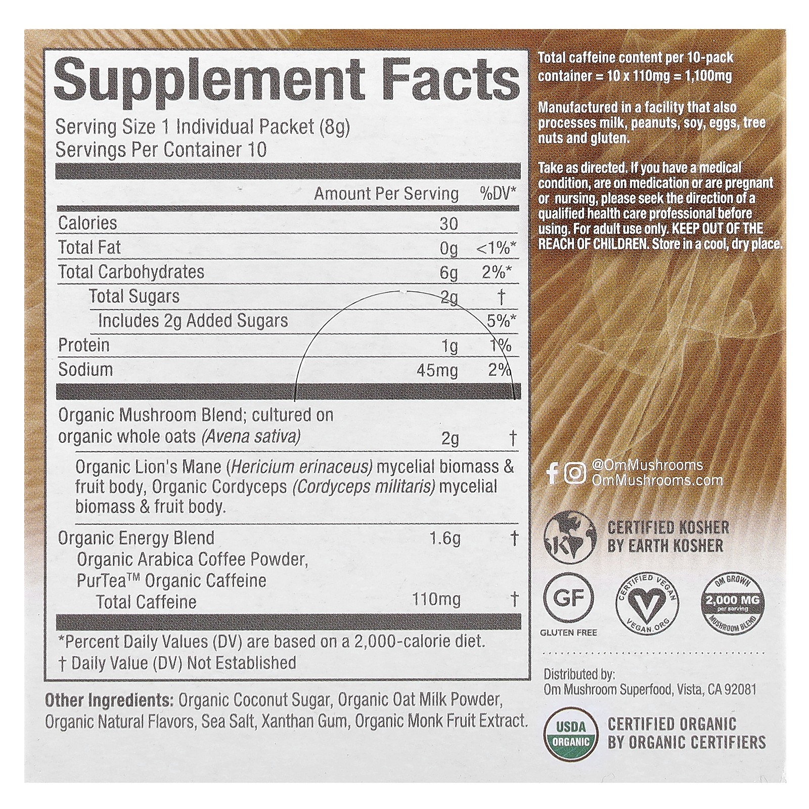 Mushroom Coffee Latte Blend, 10 Packets, 0.28 oz (8 g) Each