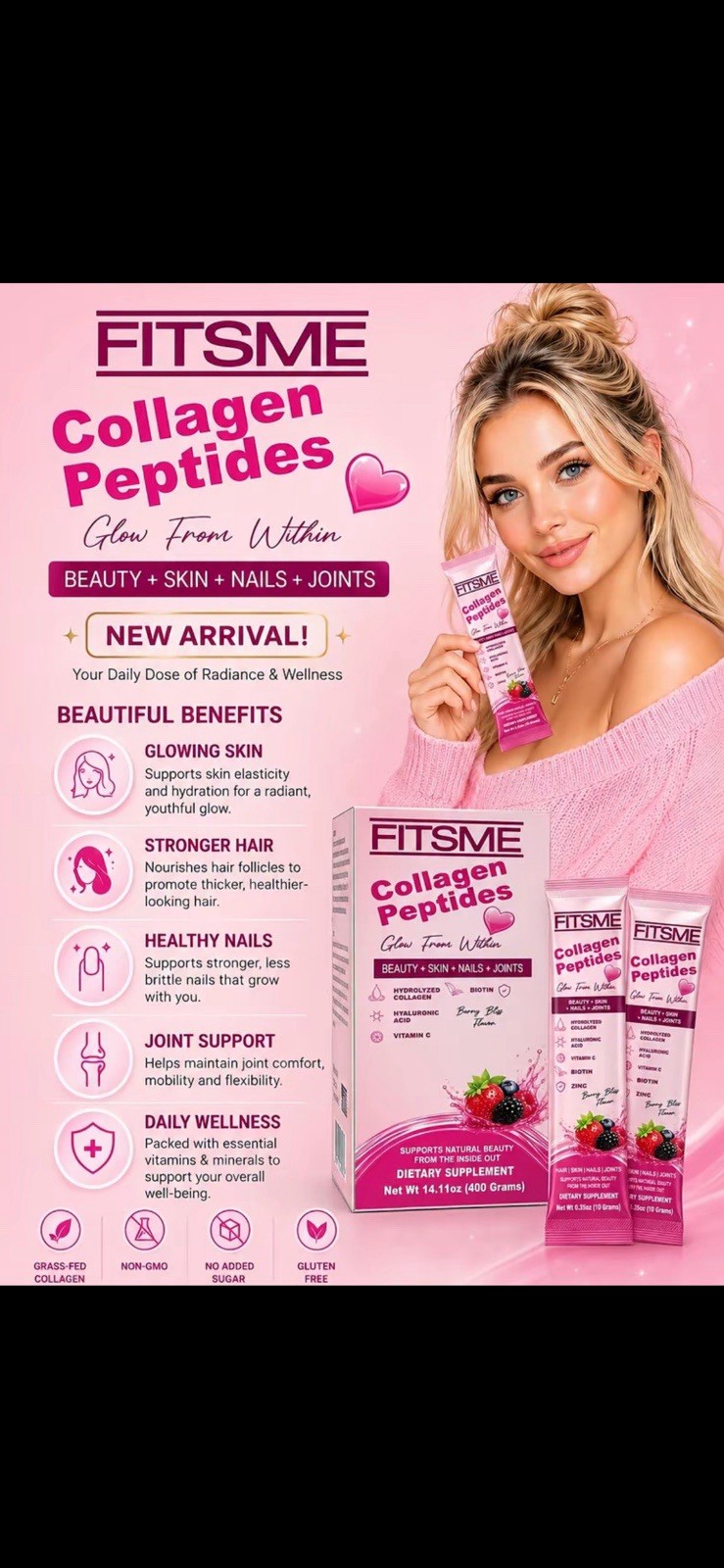 FITSME Collagen Peptides Powder Berry Bliss 14 Sachets 10g Gluten-Free Non-GMO