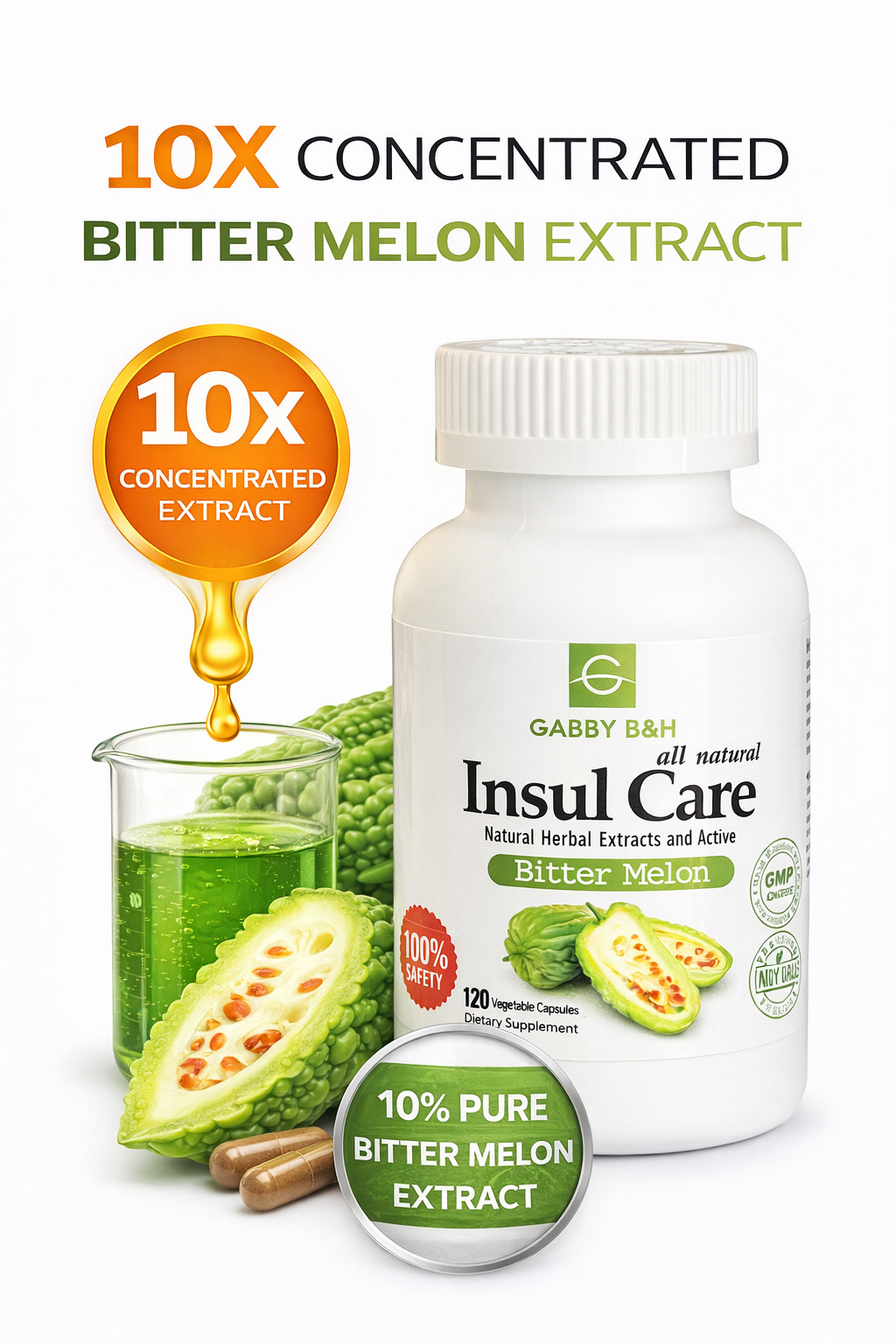 Insul Care Bitter Melon 500mg 120 Capsules Blood Sugar Support 10X Concentrated