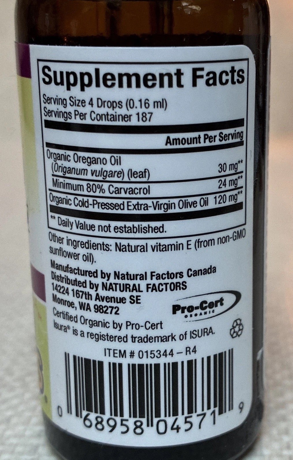 Natural Factors Certified Organic Oil of Oregano Drops Non-GMO Vegan 1 fl oz
