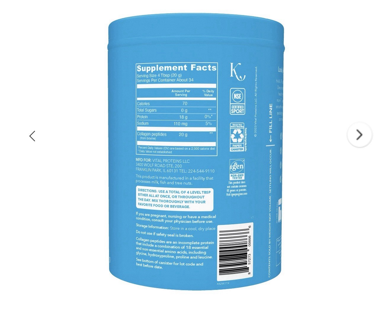 Vital Proteins Collagen Peptides Powder Unflavored 24 oz Grass Fed Non-GMO