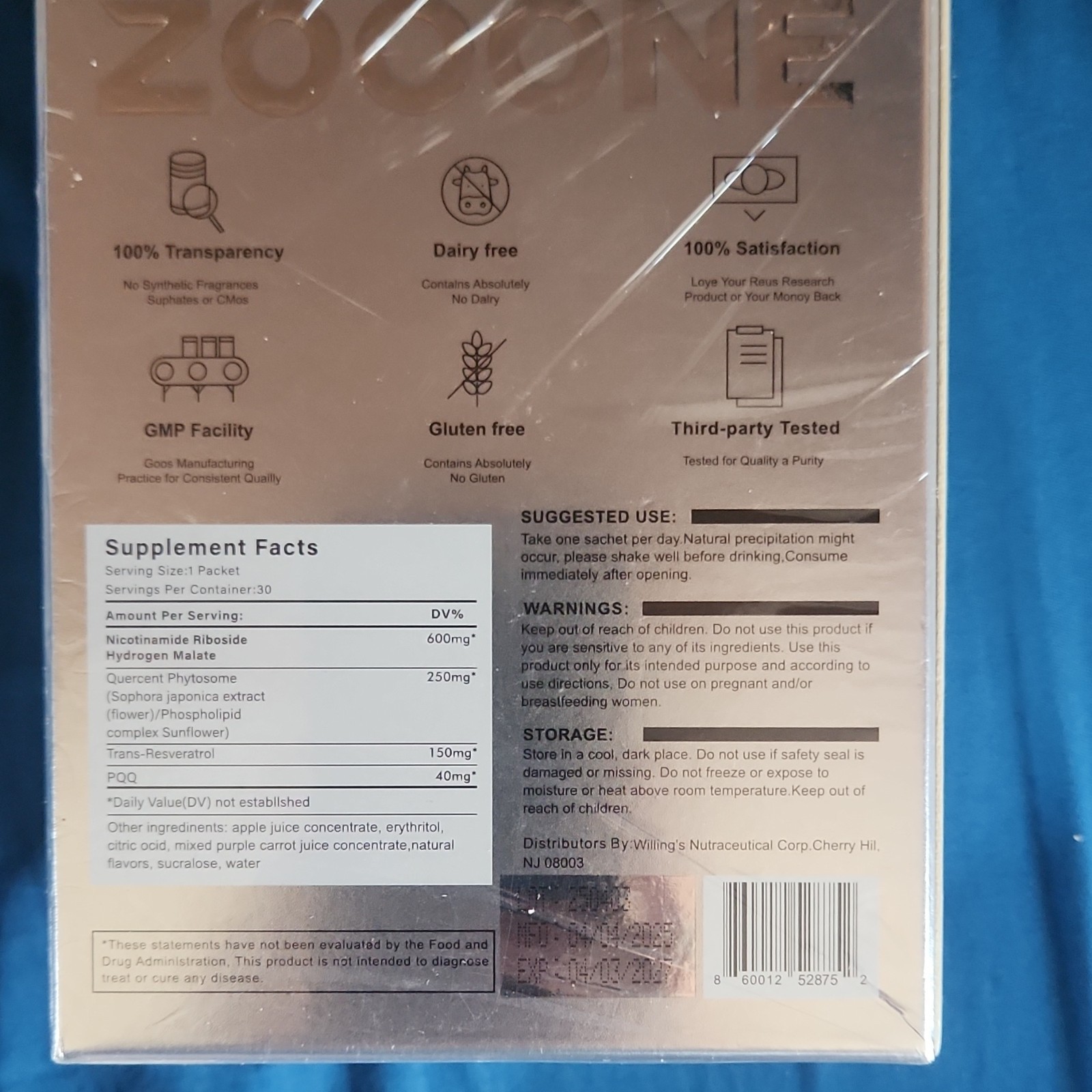 ZOOONE NAD+ 1000mg 30 Packets Powder Nicotinamide Riboside, Dairy & Gluten Free