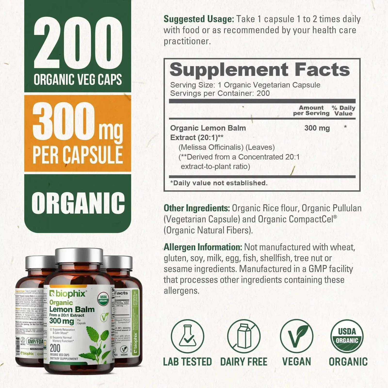 biophix Lemon Balm USDA Organic 20:1 Extract 300 mg 200 Veggie Caps