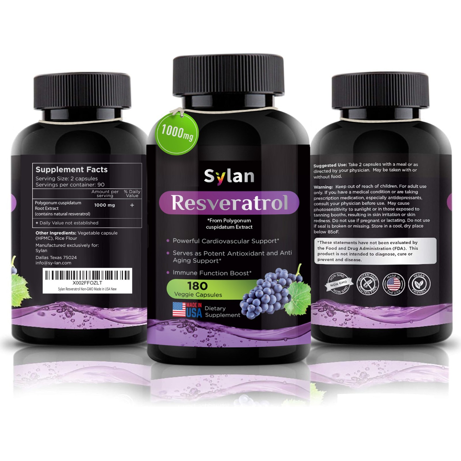 Resveratrol Supplement 1000 mg 180 Caps Made in USA Antioxidant & Anti Aging