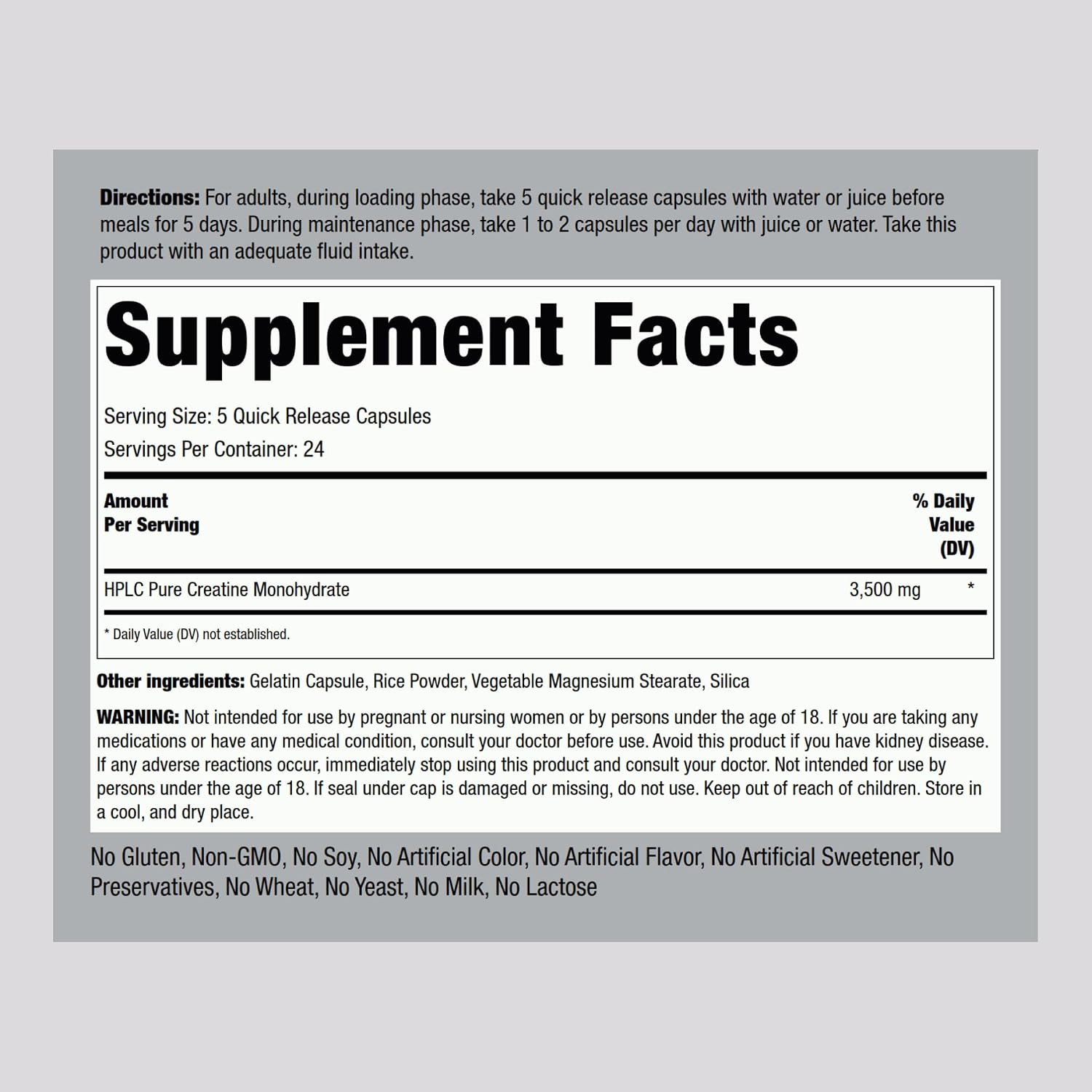 Piping Rock Creatine Monohydrate Capsules | 3500 mg | 120 Pills | Non-GMO, Glute