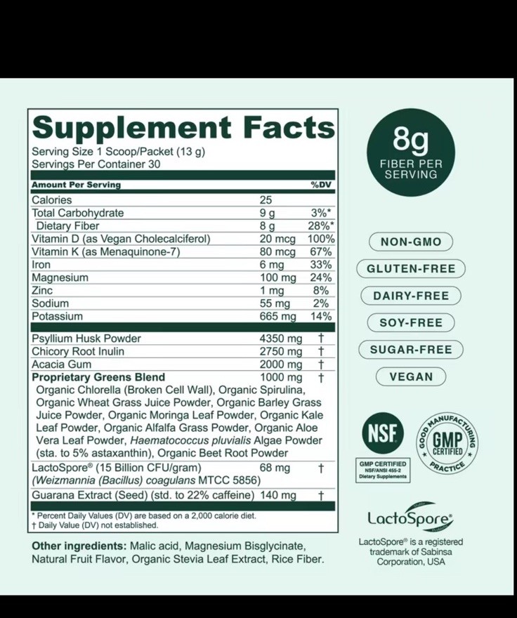 hona Fiber + Greens Gut & Superfood Blend Powder Vegan Non-GMO Gluten-Free