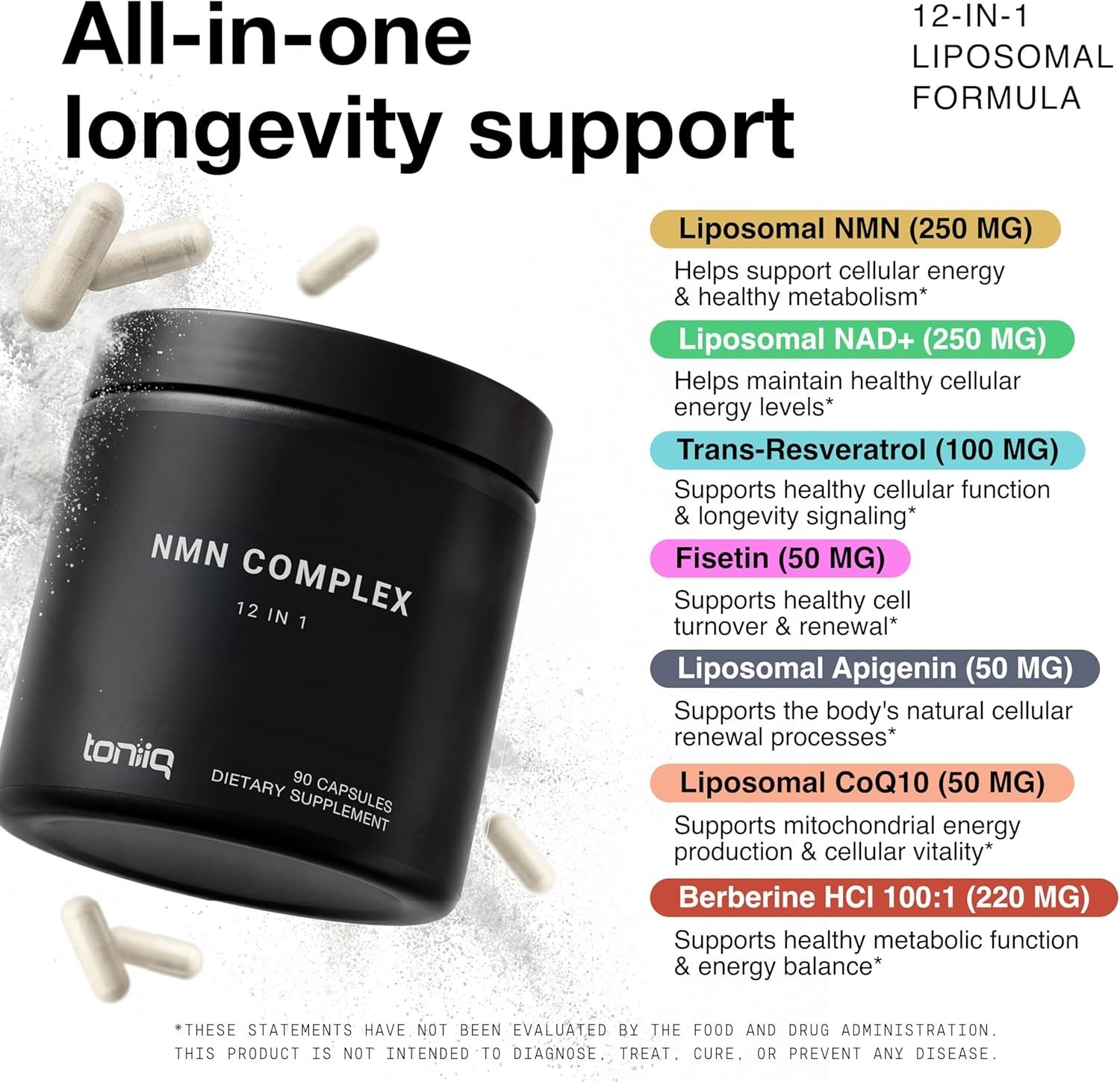 Toniiq 12-in-1 Complex 5 Liposomal Ingredients NAD+ Spermidine & Apigenin90ct