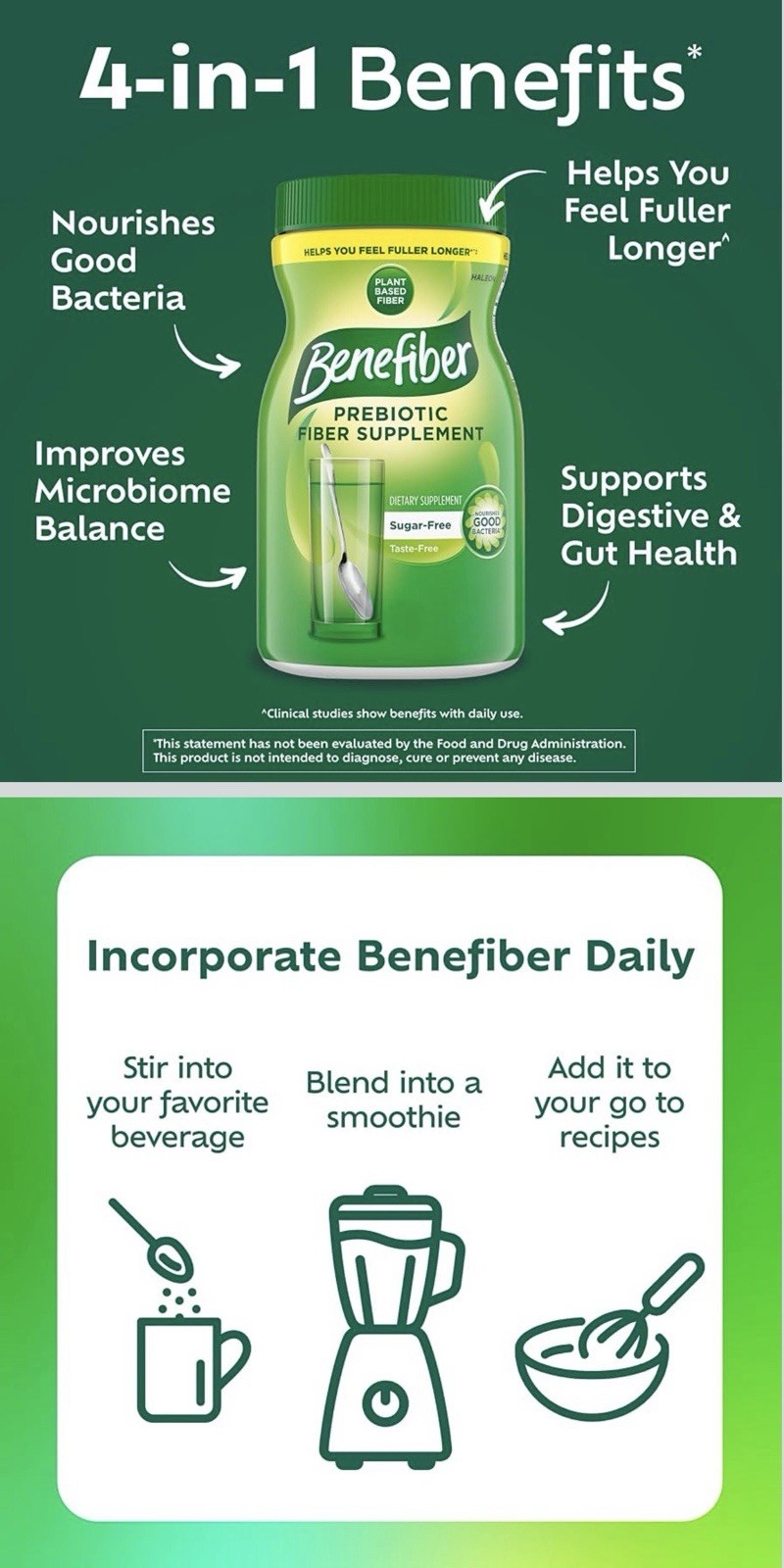 Benefiber Prebiotic Fiber Powder Plant Based Sugar-Free Taste-Free 17.6oz