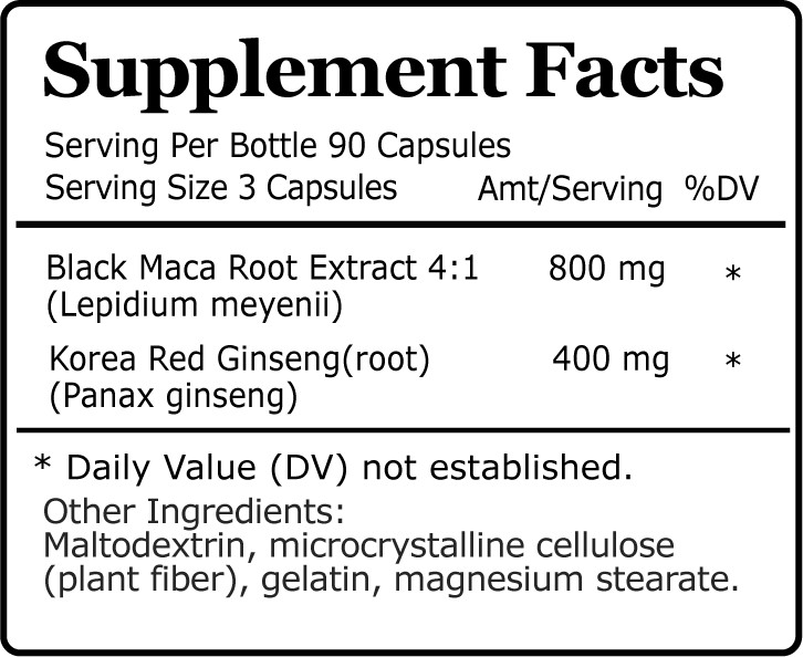 Black Maca Root with Korean Red Ginseng, boosts libido, and enhances stamina