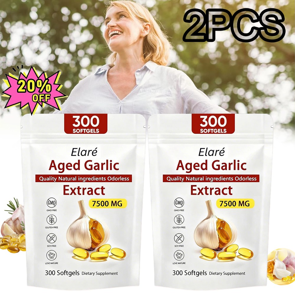 Elare Aged Garlic Extract, 300 Softgels, 7500mg Odorless | Heart & Immune pack 2