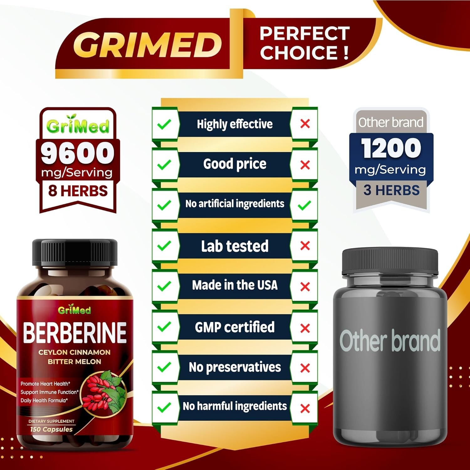 Premium Berberine with Ceylon Cinnamon 9,600mg 150 Caps Heart Health & Immune US