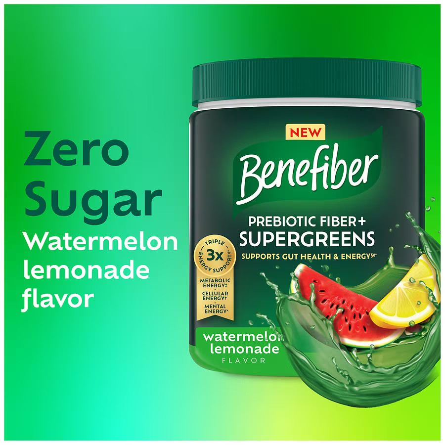 Benefiber Prebiotic Fiber + Supergreens, Watermelon Lemonade, 8.8 Oz, exp1/2027