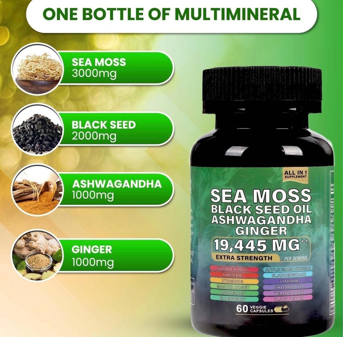 (2 Pack) Tarmya’s Sea Moss Black Seed Oil Ashwagandha Ginger Turmeric Capsules