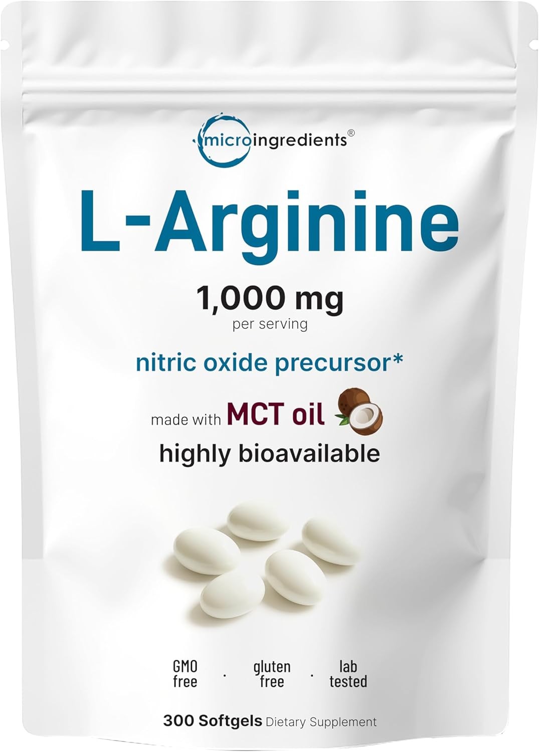 L-Arginine Nitric Oxide Precursor 1000mg with MCT Oil, 300 Softgels | L-Arginina