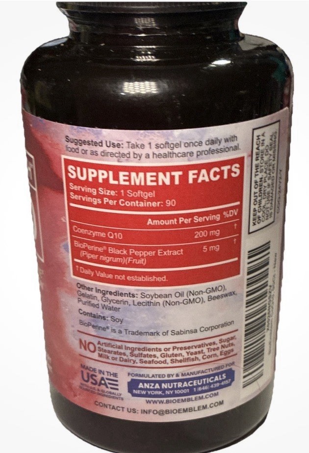 BioEmblem CoQ10 200mg Heart Health + BioPerine 90 Softgels Non-GMO Exp 01/2026