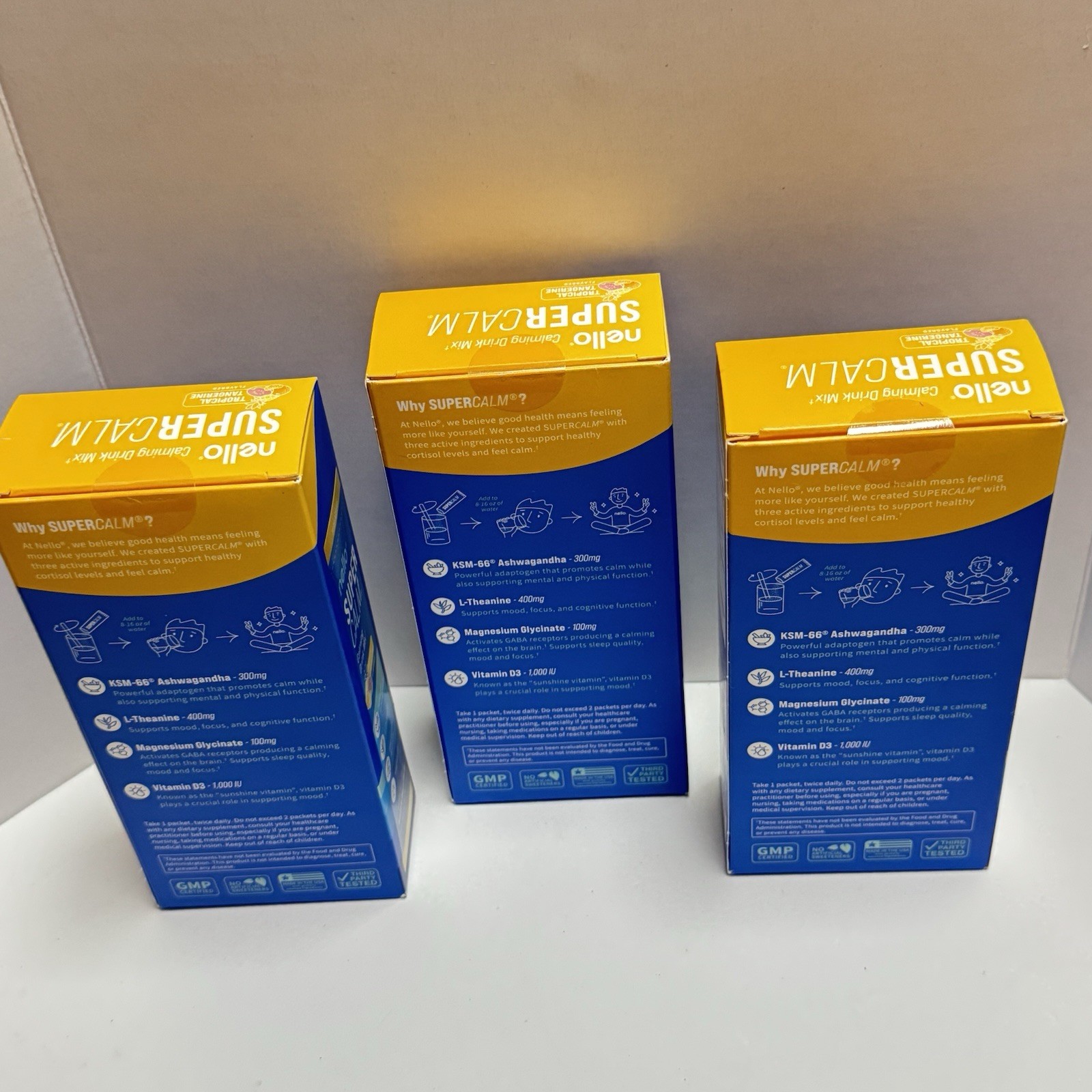 3x Nello Supercalm Calming Drink Mix Tropical Tangerine 10 ct per box EXP 1/27