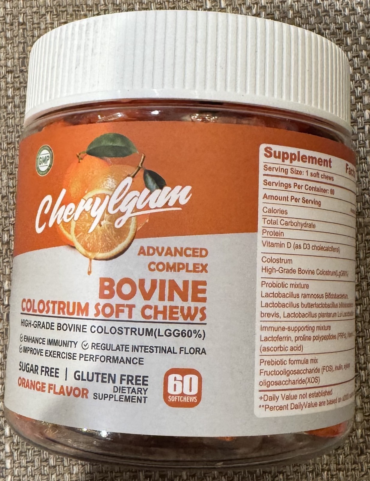 New Cherylgum Orange Flavor Bovine Colostrum Soft Chews 60 Count 12/2026