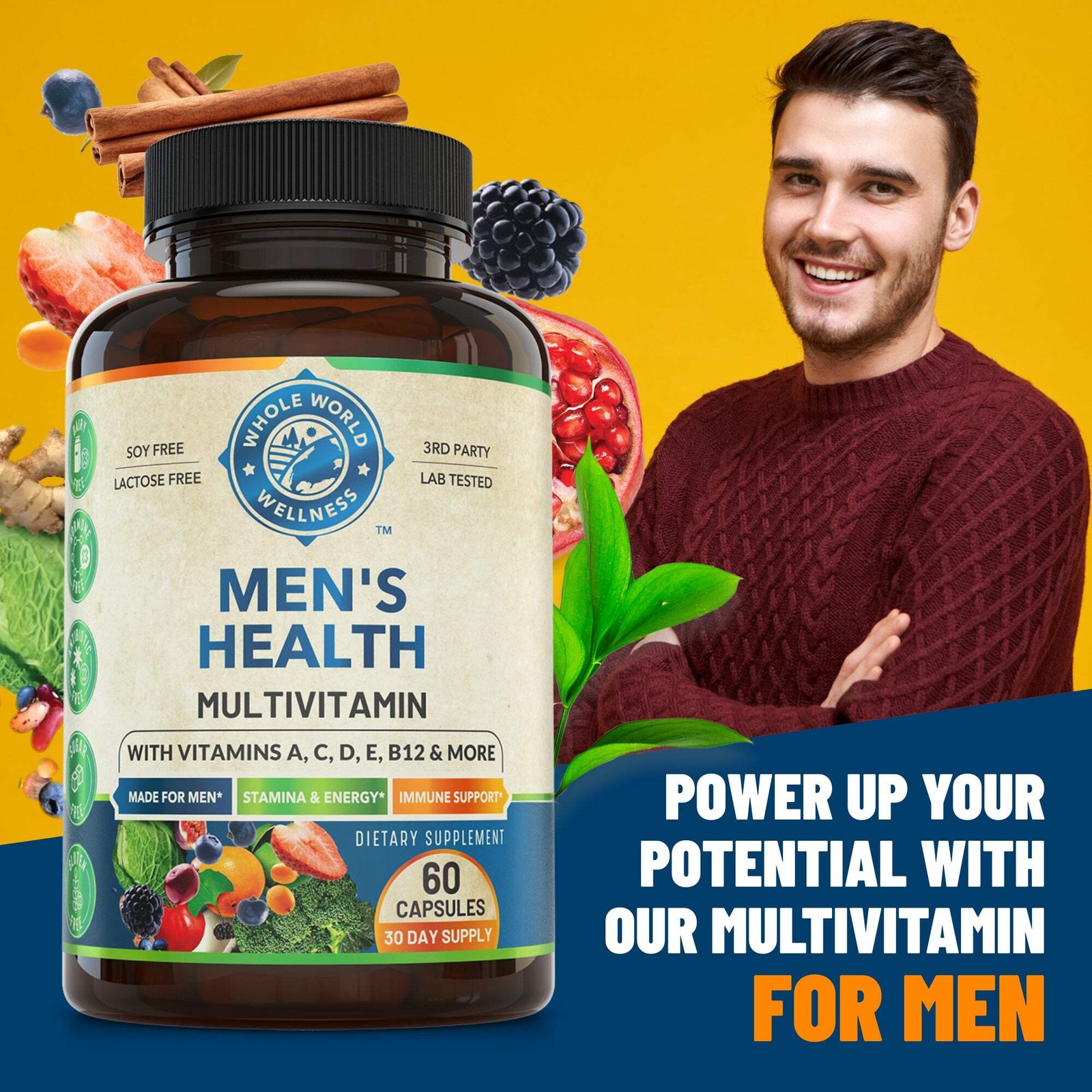 WHOLE WORLD WELLNESS Men’s Multivitamin & Multimineral Supplement. USA Made.