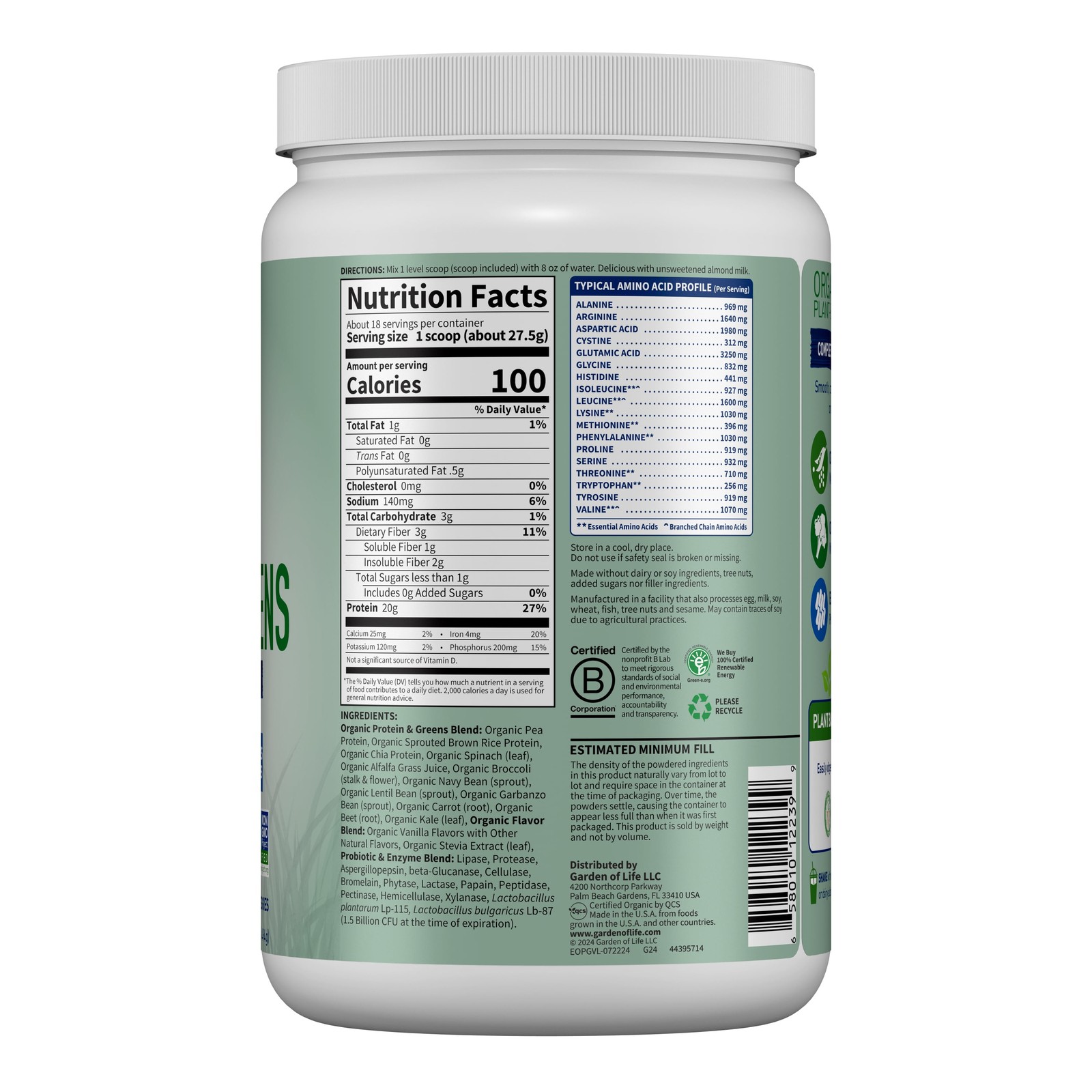 Organic Plant Based Greens Probiotic 20G Protein Shake Drink Powder for Digestiv