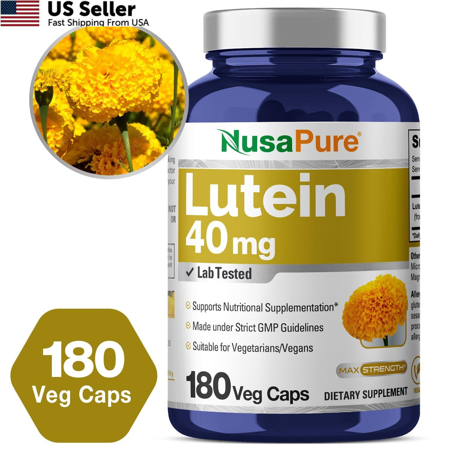 NusasPure Lutein – Suitable for Vegetarian/Vegan, Non – 180 Count (Pack of 1)