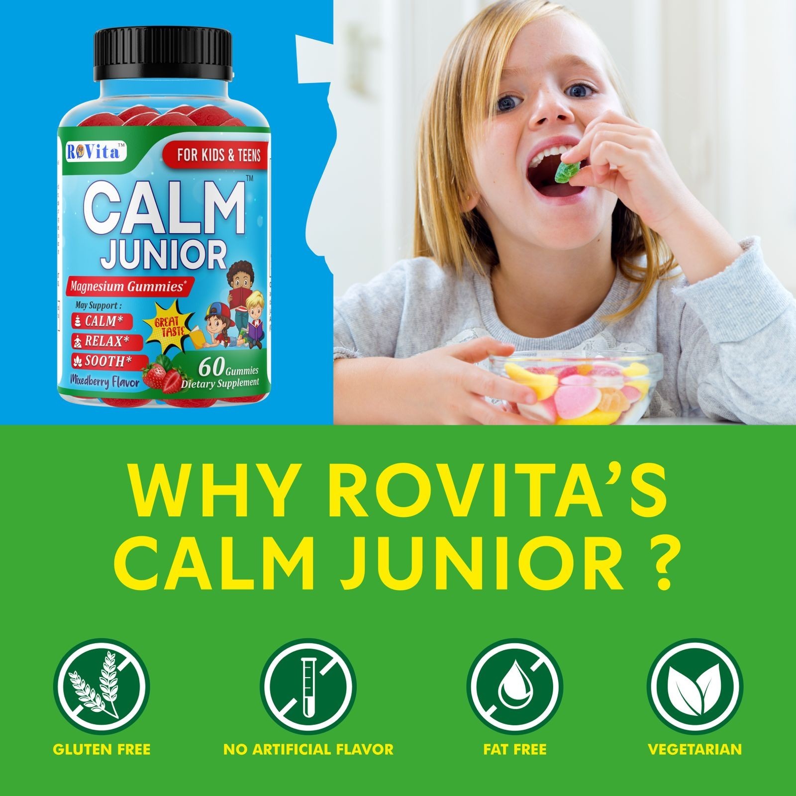 RoVita Calm Jr. Magnesium Gummies for Kids and Teen: Stress Relief & Focus 60G