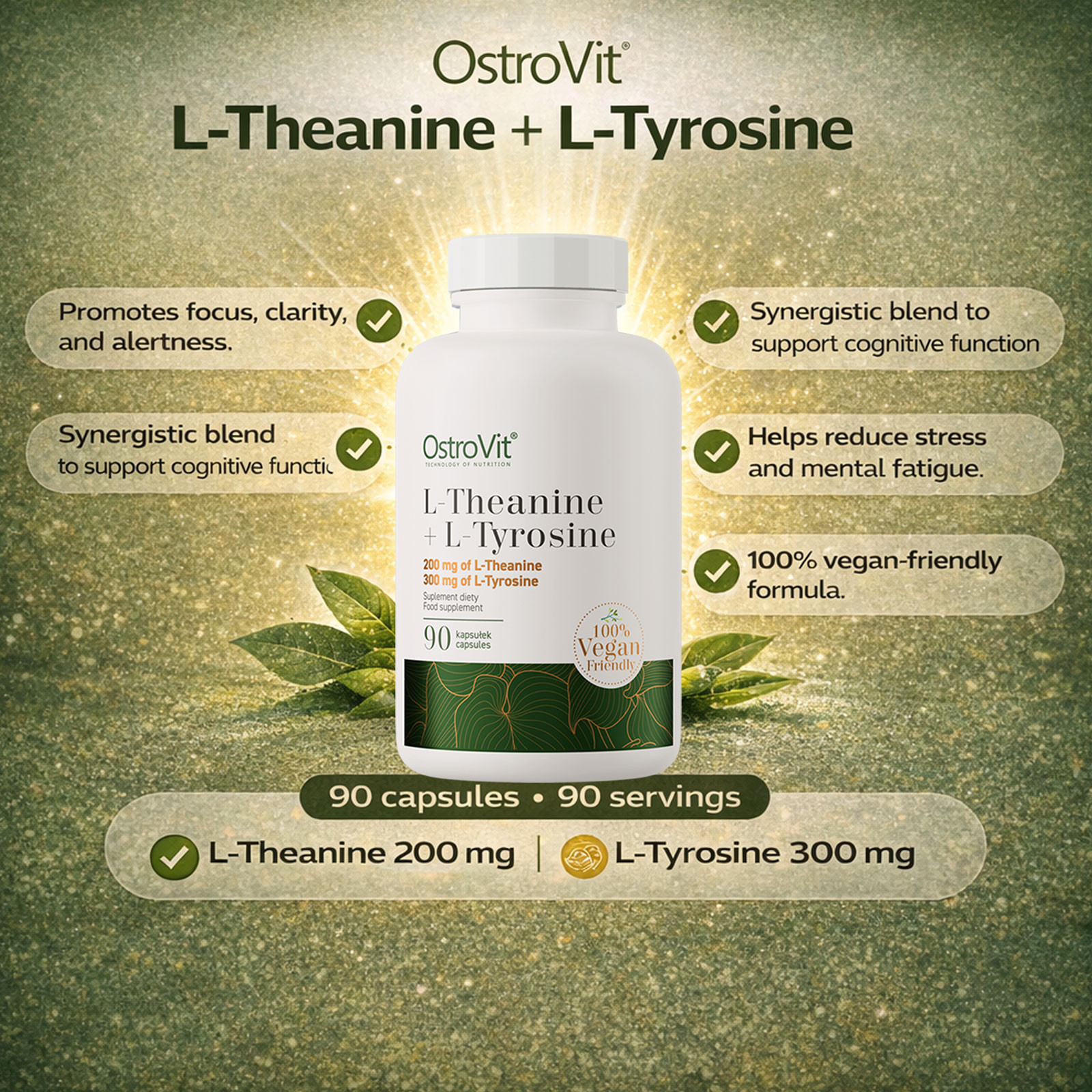 L-THEANINE + L-TYROSINE – 90 Capsules – Concentration Regeneration Sleep Quality