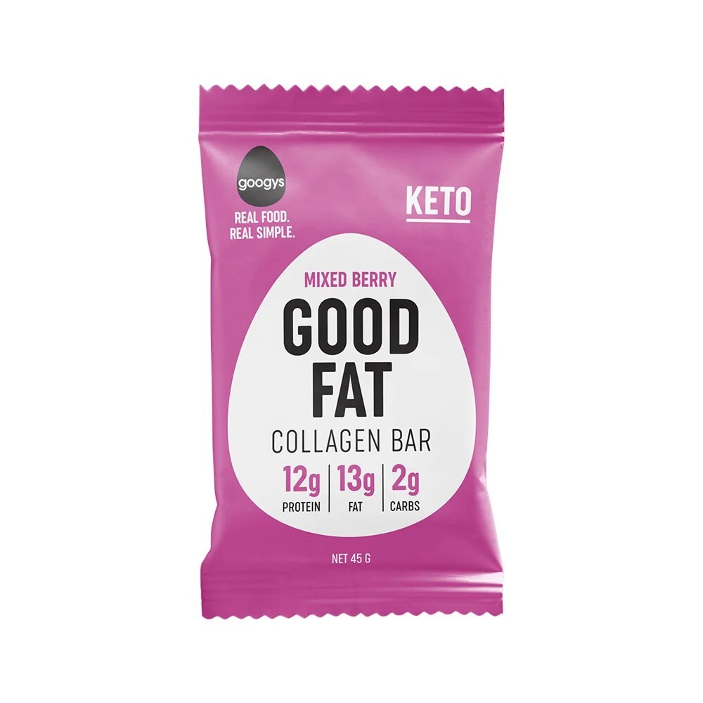 New Googys Good Fat Collagen Bar Mixed Berry 45g x 12 Bars