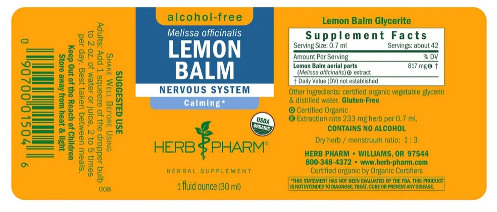 Herb Pharm LEMON BALM 1 oz Nervous System Calm Organic Alcohol Free Liquid Drops