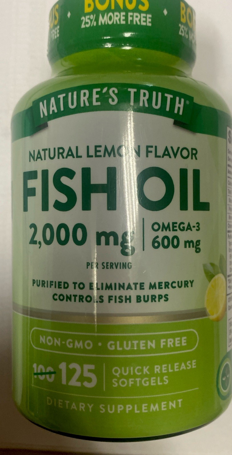Nature’s Truth Fish Oil 2000mg, Lemon 125 Quick Release Softgels Exp 04/2028