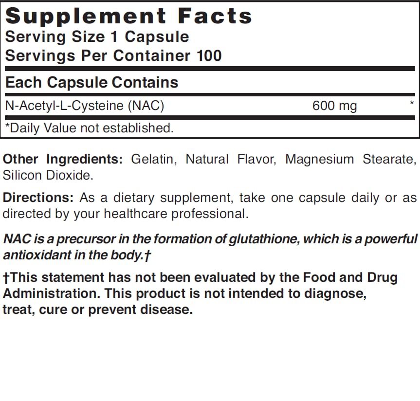 NAC Nutritional Supplement 100 Capsules Immune Support Antioxidant Detox Aid
