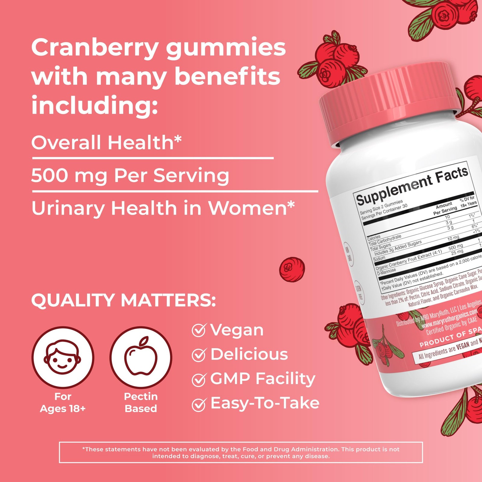 MARYRUTH’S Organics Organic Cranberry Gummies – 500mg 60 Count (Pack of 1)