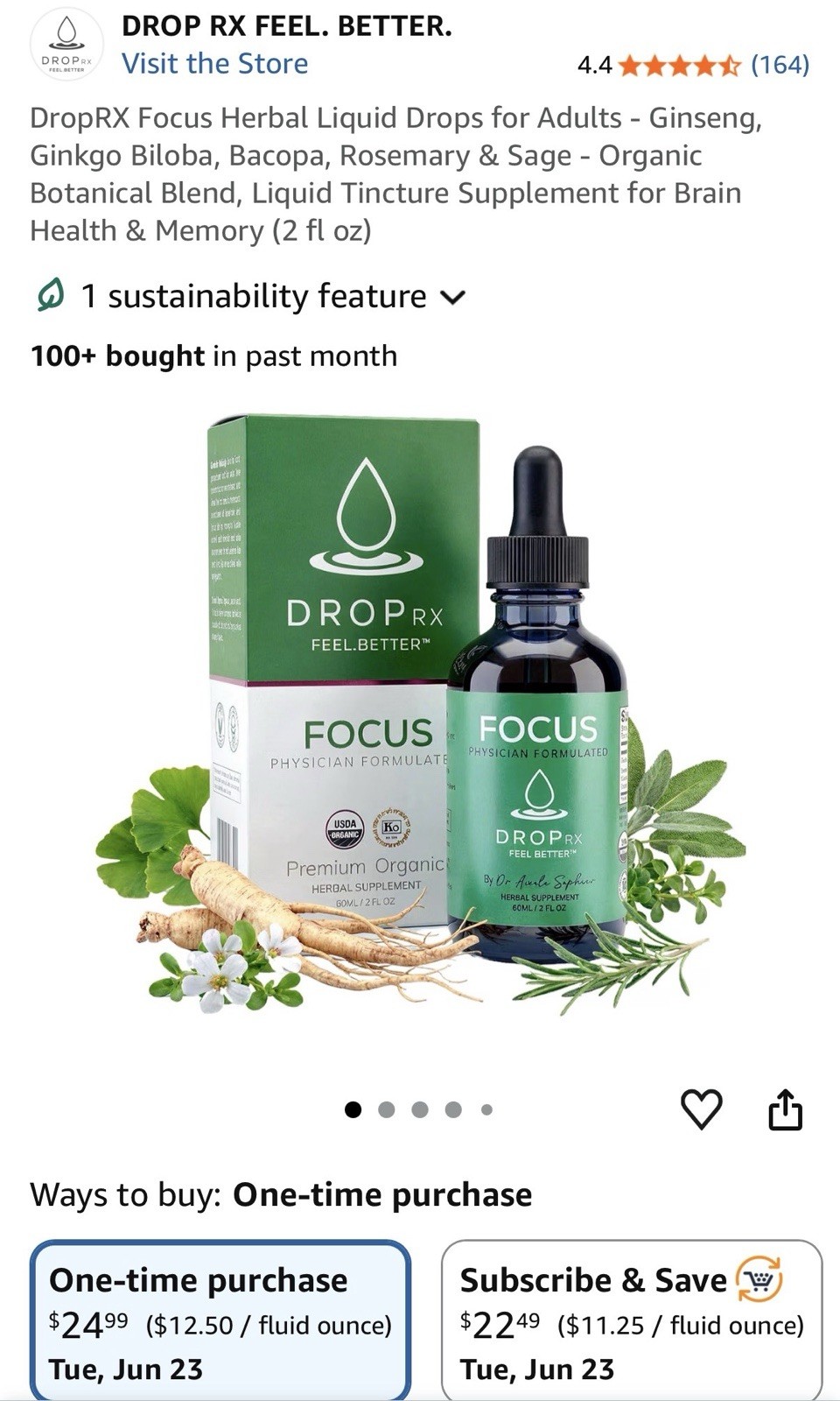 DropRx Focus Organic Herbal Supplement Drops Brain/Memory Support 2 fl oz
