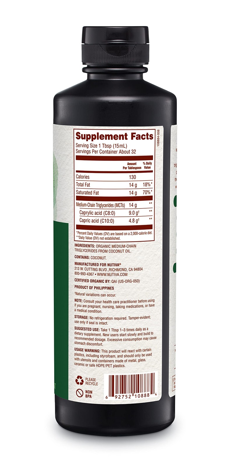 Nutiva Organic MCT Oil, Kosher, Keto Friendly, 16 Fl Oz (Pack of 1), Clear