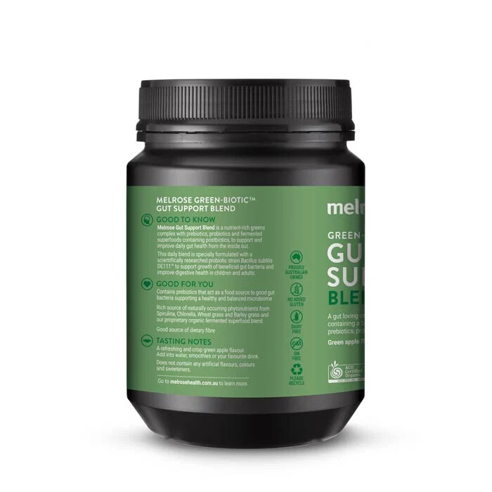 New Melrose Organic Green-Biotic Gut Support Blend 195g Green Apple Flavour