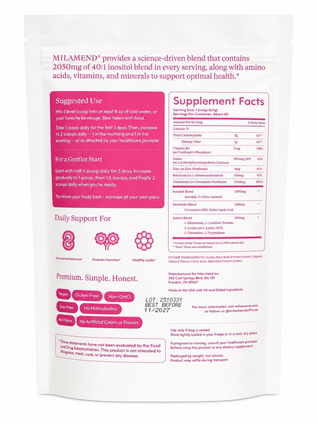 MILAMEND Hormone Support Hibiscus Tea Powder Dietary Supplement 15.2 oz 430 g