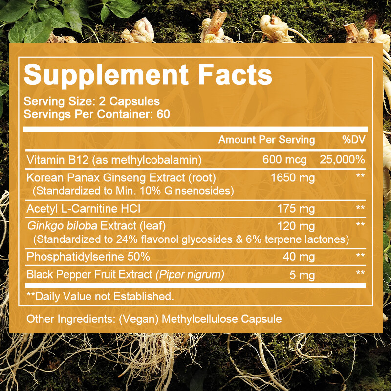 Korean Panax Ginseng 1650mg w/ Ginkgo Biloba for Memory Focus Energy Stamina
