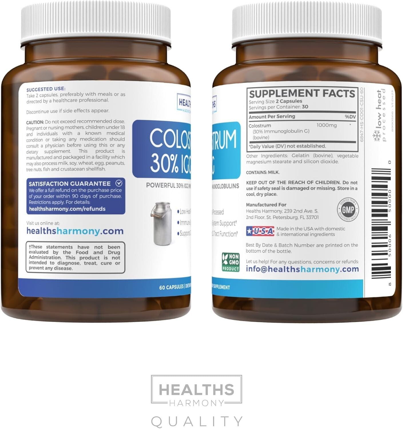 Health’s Harmony Colostrum 1,000mg 30% IgG Immunoglobulins Immune Support 60ct
