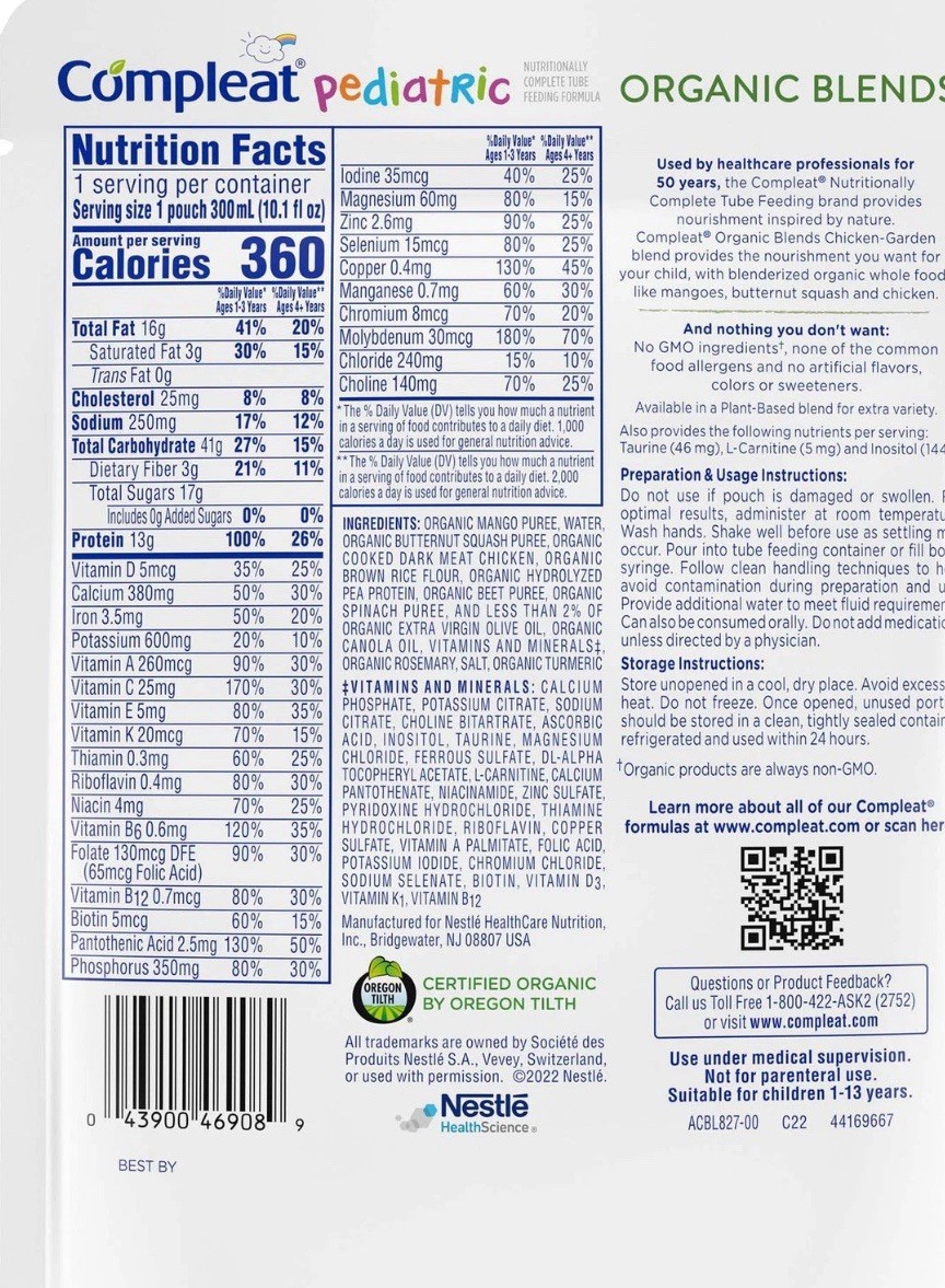 Compleat Pediatric Organic Blends Tube Feeding Chicken-Garden 10.1 oz 24 Ct