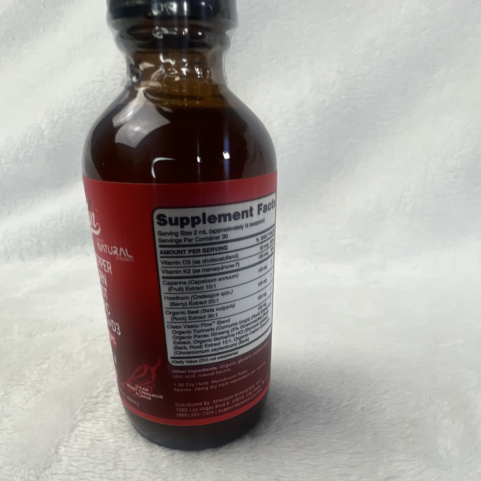 Clean Nutra Vascu Flow Liquid Drops Cayenne Hawthorn Beet Root D3 K2 2 fl oz