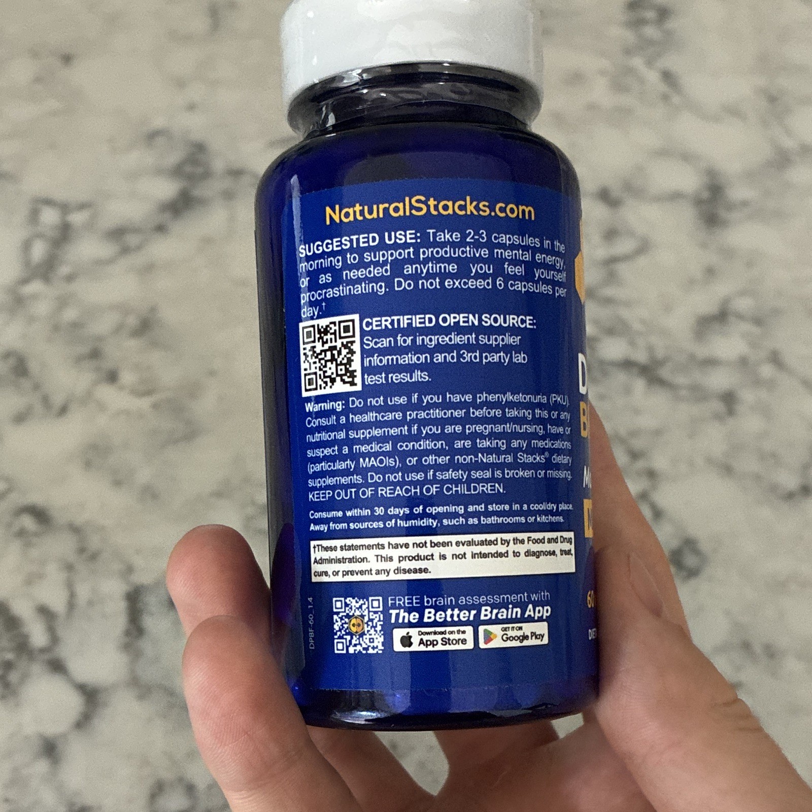 Natural Stacks Dopamine Brain Food Mental Focus Vegan Capsules 60ct Exp 12/28