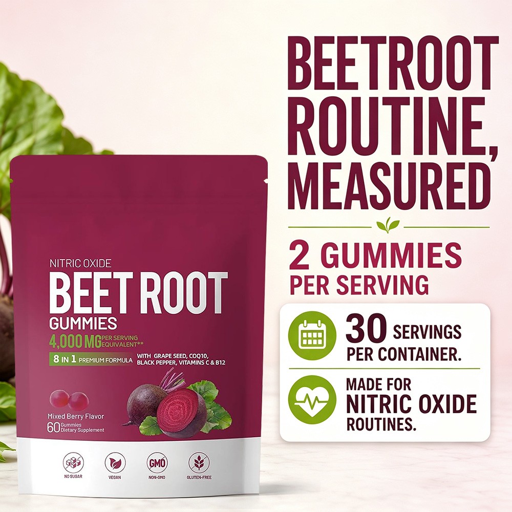 Sugar-Free 8in1 Beet Root Gummies,Daily Heart & Circulation Supplement, 60 Count