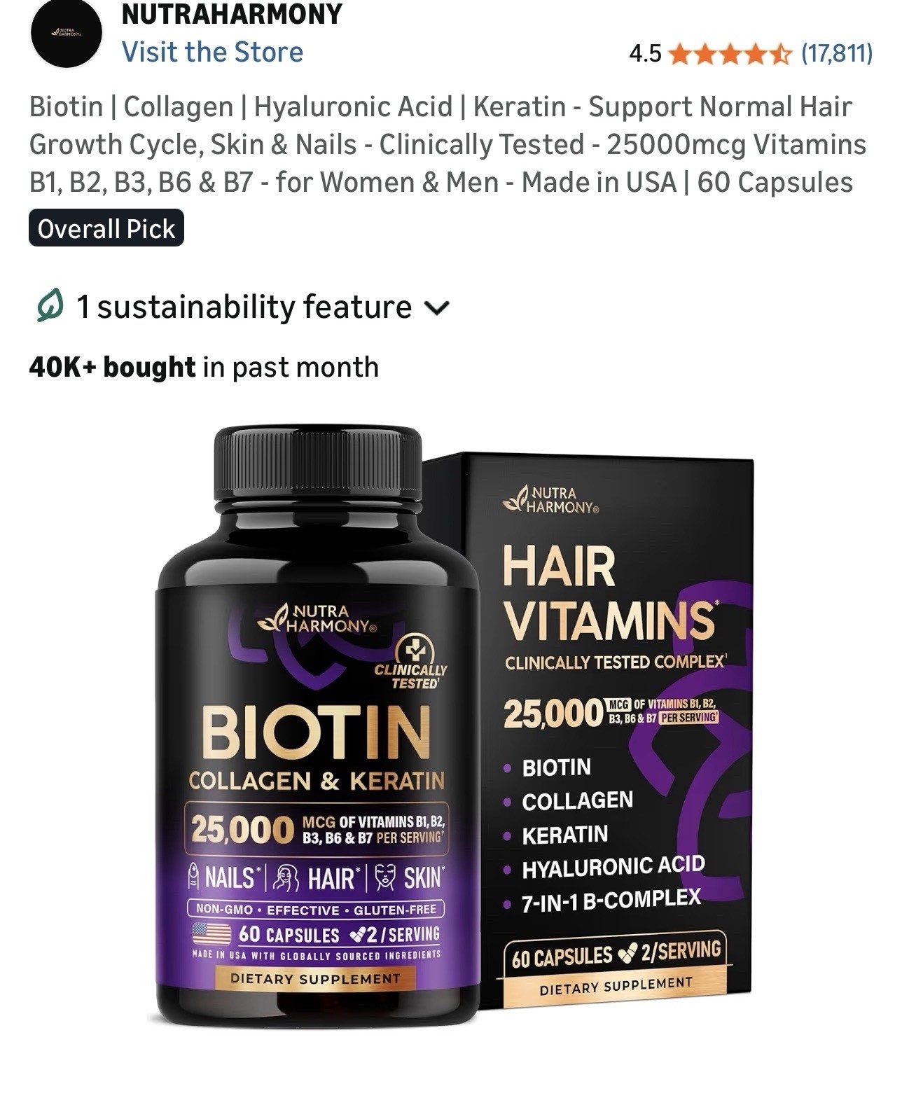 NutraHarmony Biotin Collagen Keratin Hyaluronic Acid 25000mcg 60 Capsules