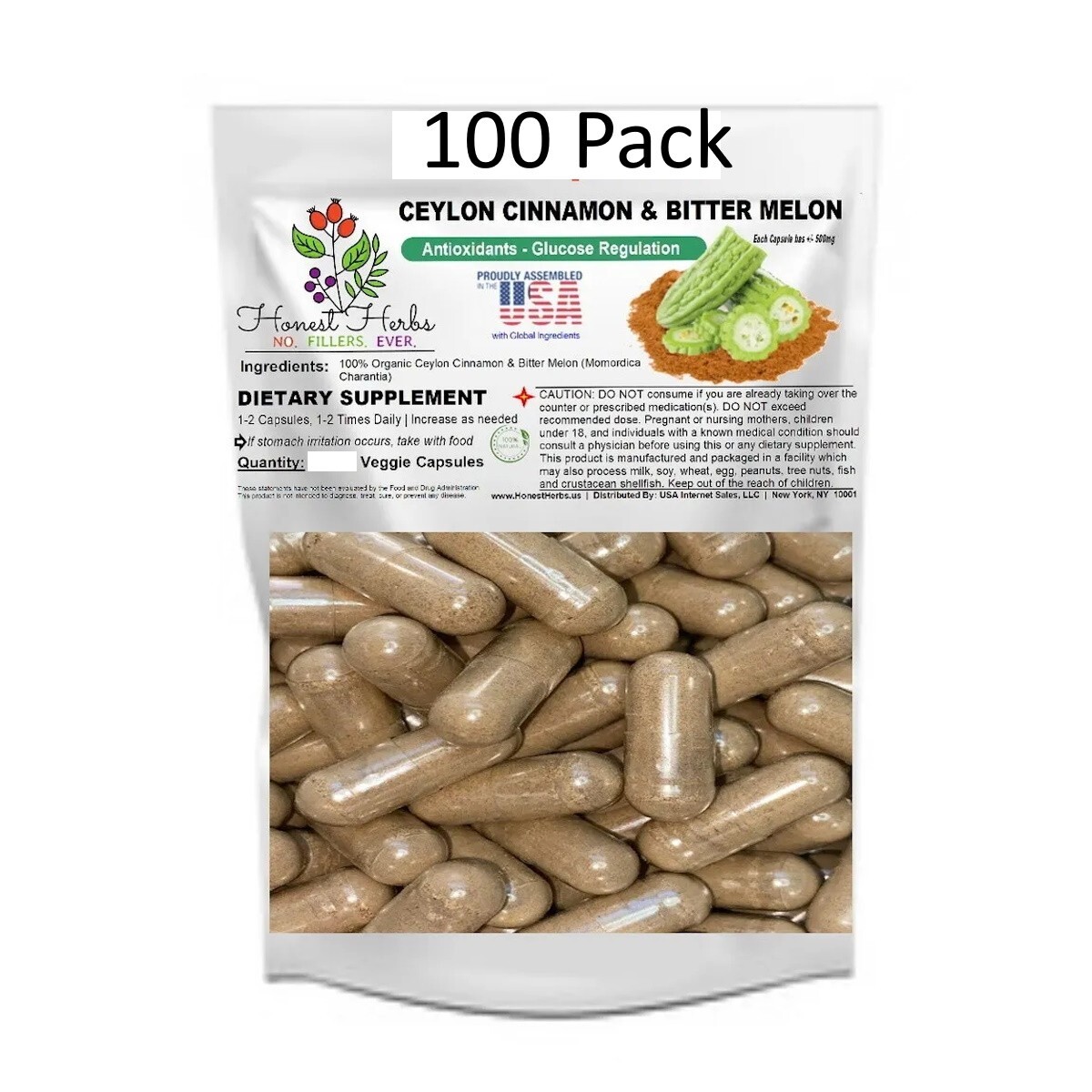 Honest Herbs Ceylon Cinnamon & Bitter Melon Blend – 100 Veg. Caps (500mg)